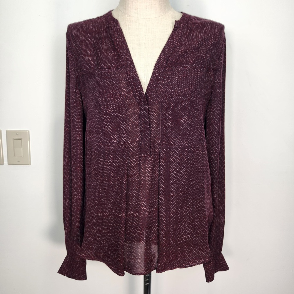A.L.C. Silk Micro Dot V-Neck Blouse Top Size M Purple Red Lightweight Popover
